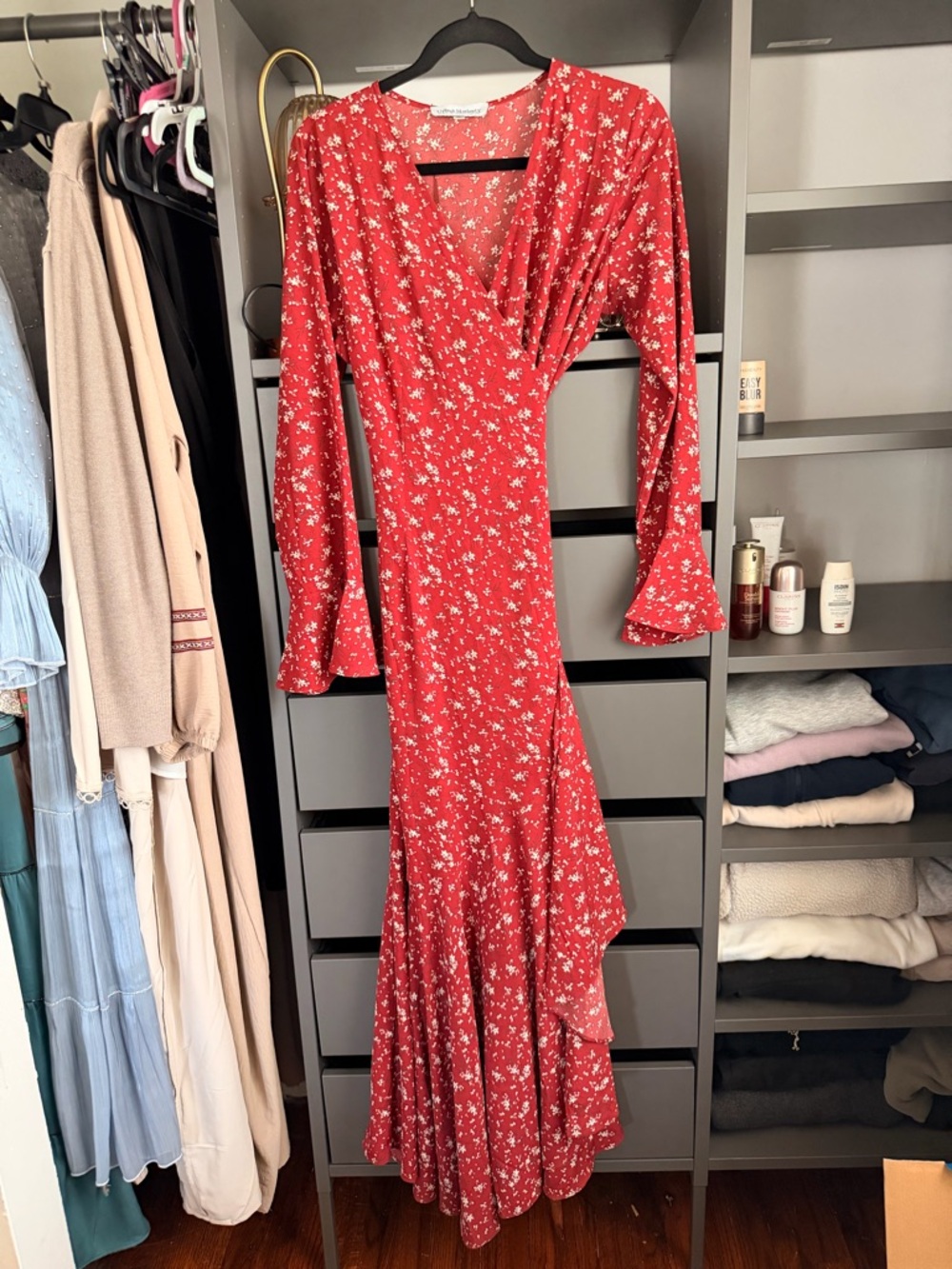 Red Floral Long Sleeve Maxi Dress